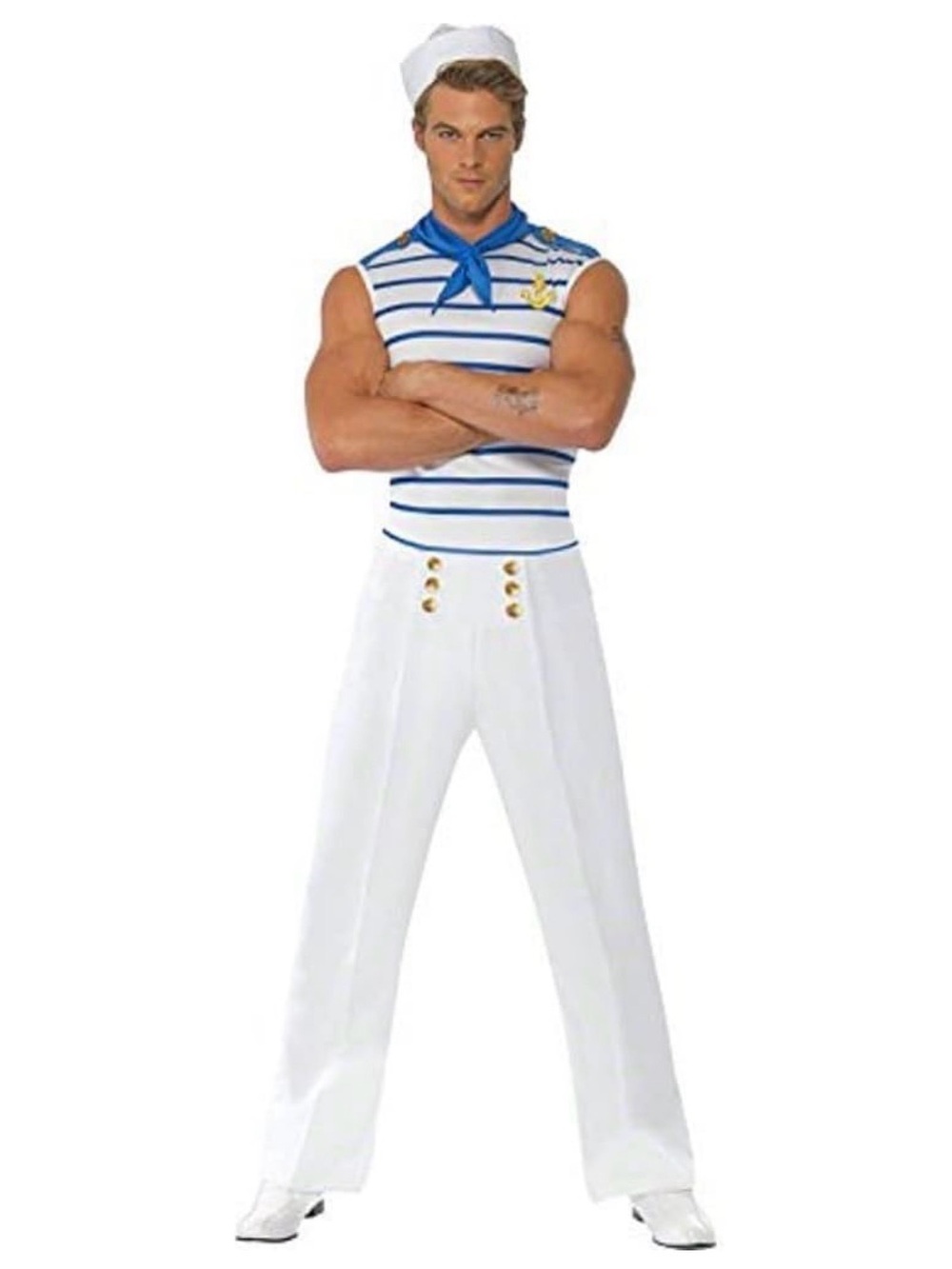 FEVER ⛵WHITE & BLUE STRIPED MALE FRENCH SAILOR⛵ 3PC ADULT COSTUME SIZE M 🌟EUC🌟